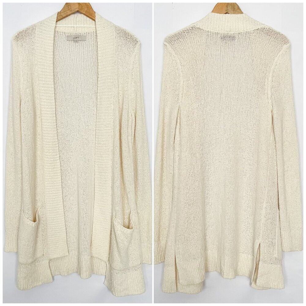 Loft Longline Cardigan Patch Pockets Split Hem Cotton Blend Size Medium Cream